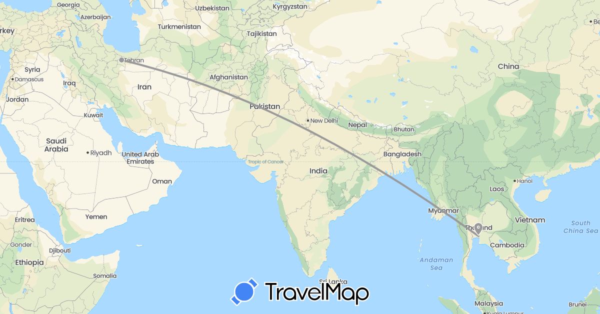 TravelMap itinerary: driving, plane in Iran, Thailand (Asia)